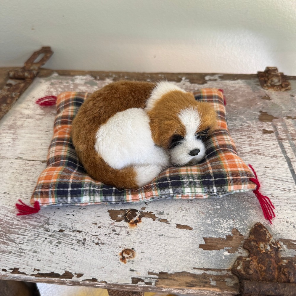 Realistic Sleeping Saint Bernard Puppy Dog on Plaid Pillow Dog Lover Gift Decor